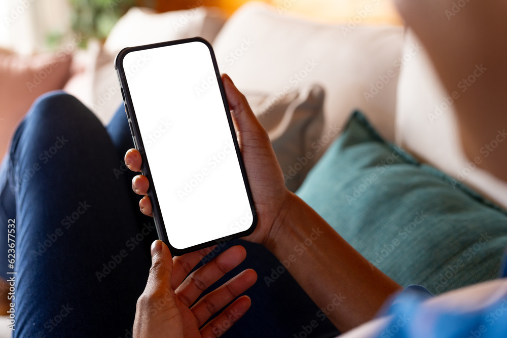 African american woman relaxing on sofa using smartphone with copy space on screen at home African american woman relaxing on sofa using smartphone with copy space on screen at home