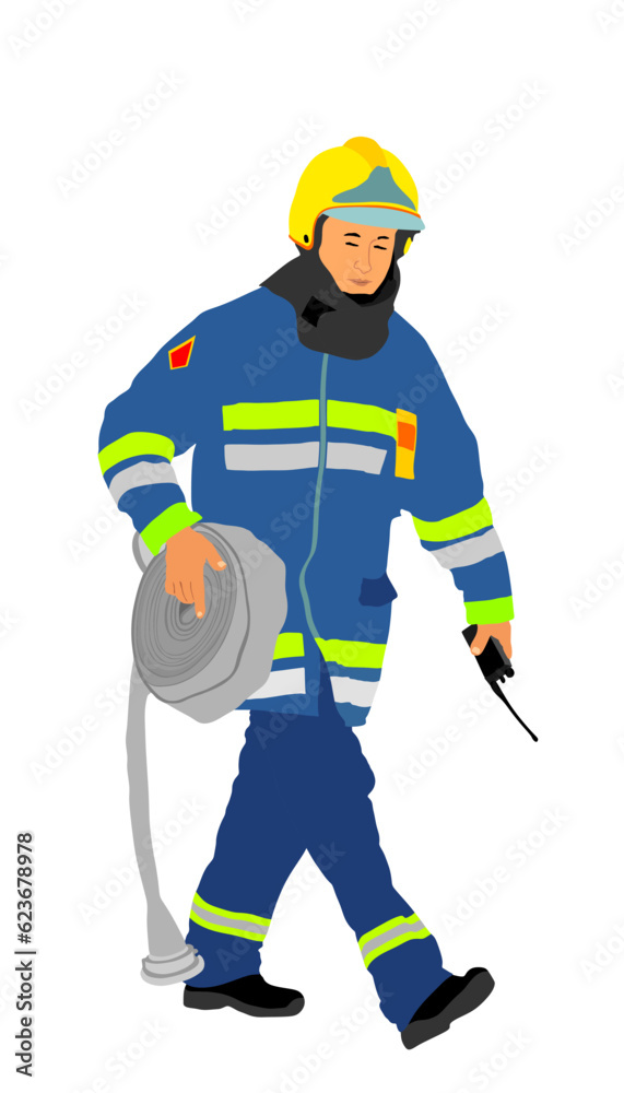 Fireman with fire hose vector illustration isolated on white background. Fireman in protect gear and helmet on duty. Man firefighter after intervention carries equipment. Fire control education. Fireman with fire hose vector illustration isolated on white background. Fireman in protect gear and helmet on duty. Man firefighter after intervention carries equipment. Fire control education.
