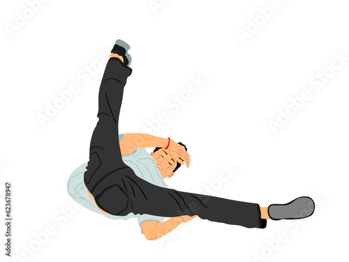 Break dance boy vector illustration isolated on white background. Modern urban dancer exhibition show. Attractive athlete man performer skills on street. Fit sport gymnastic figure. Hip hop music show