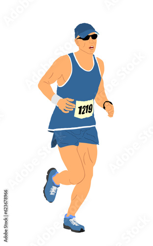 Sprinter runner vector illustration isolated on white background. Marathon racer running on race competition. Sport man activity. Athlete boy in start of race. Muscular male focus.