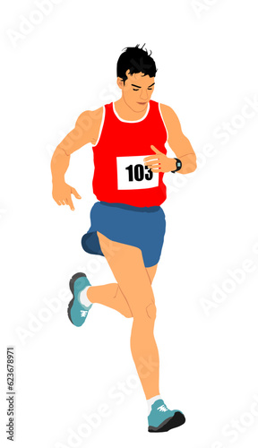 Sprinter runner vector illustration isolated on white background. Marathon racer running on race competition. Sport man activity. Athlete boy in start of race. Muscular male focus. photo