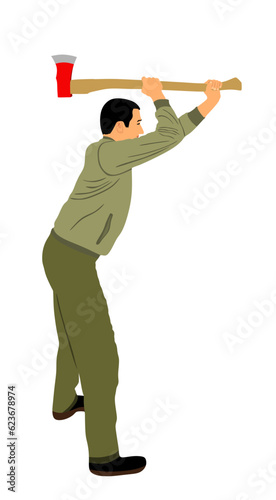 Lumberjack with ax vector illustration isolated on white background. Landscaper woodpecker on duty. Logger worker. Lumberman in action. Woodcutter man hold axe. Forester worker. hatchet wood work.