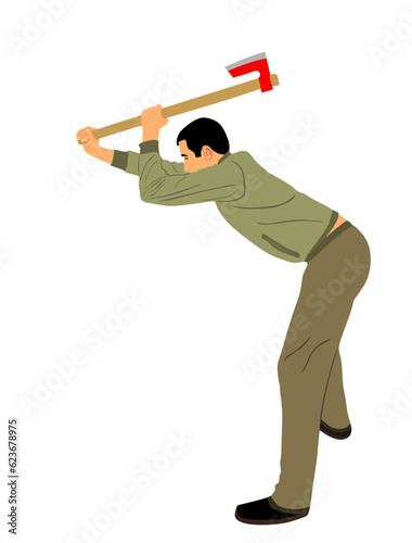 Lumberjack with ax vector illustration isolated on white background. Landscaper woodpecker on duty. Logger worker. Lumberman in action. Woodcutter man hold axe. Forester worker. hatchet wood work.