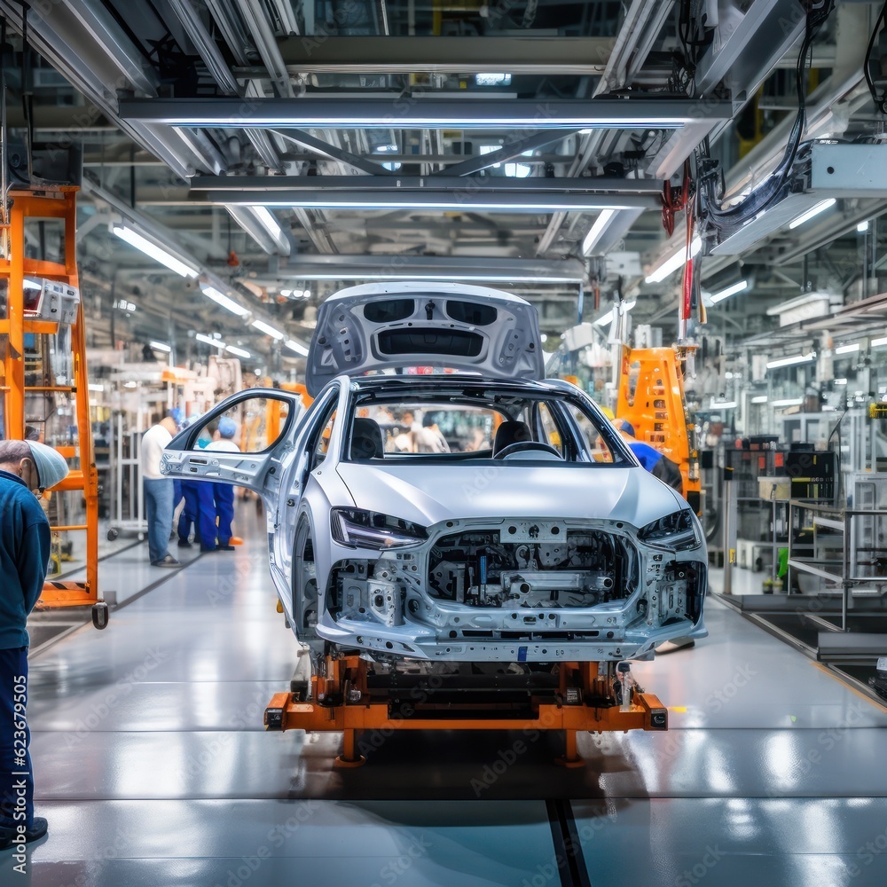 car production line with unfinished cars in a row. Generative Ai. car production line with unfinished cars in a row. Generative Ai.