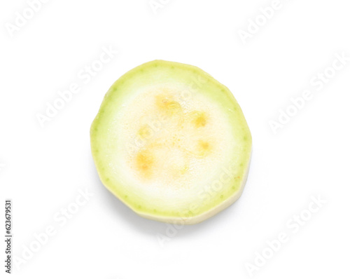 Slice of fresh green zucchini on white background