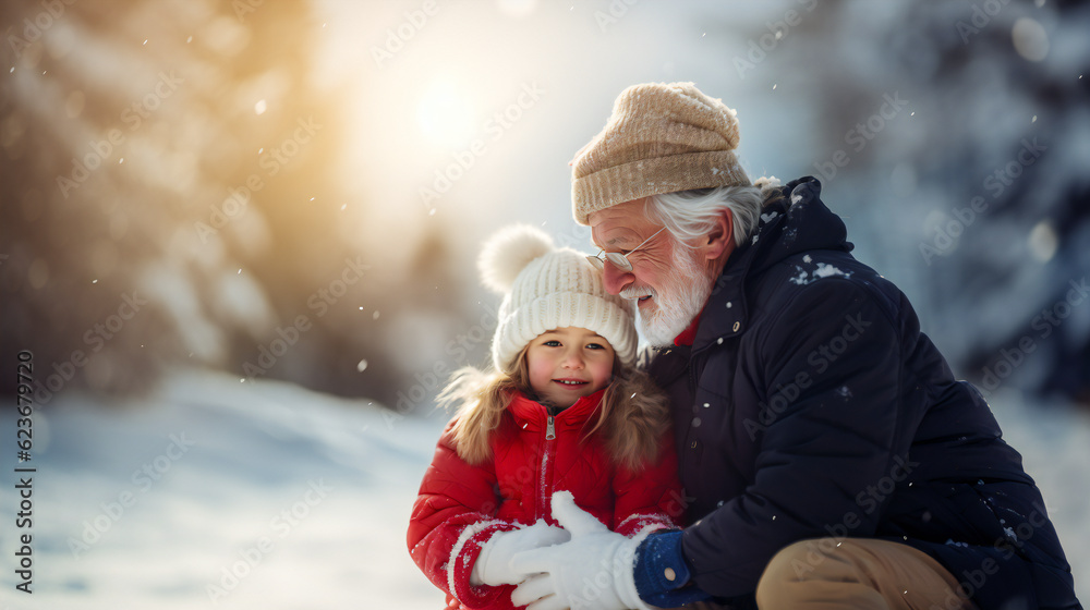 Grandfather and granddaughter in the snow, happy