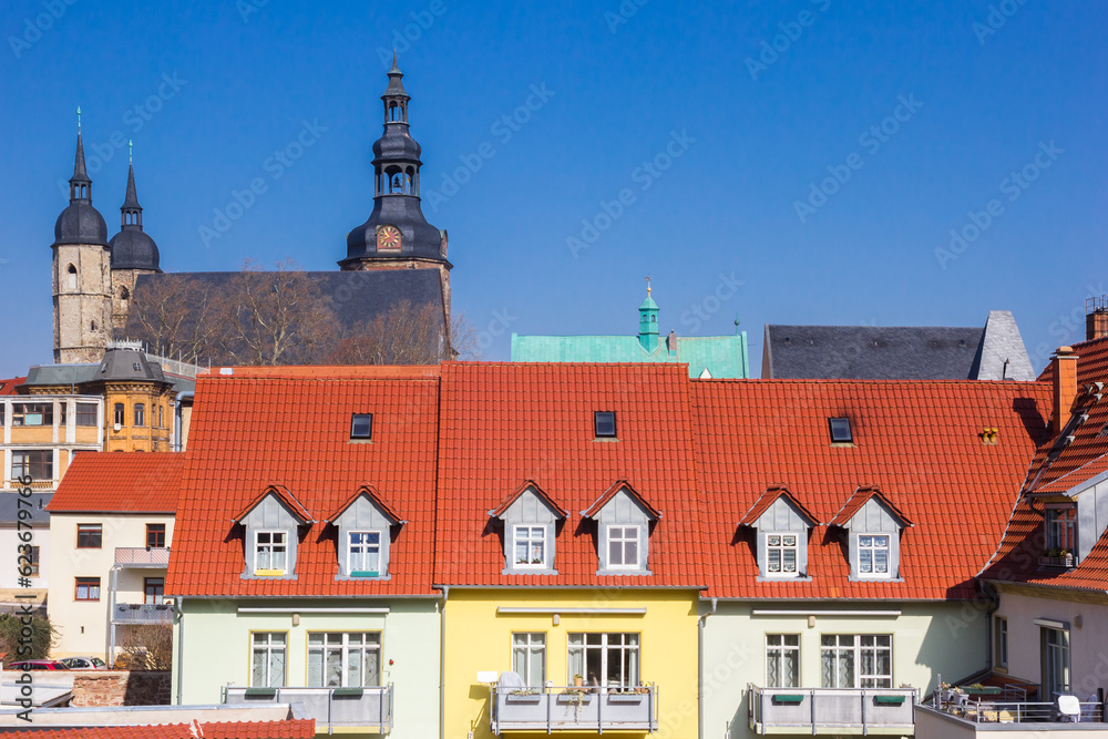 Historic St. Andreas church in the skyline of Lutherstadt Eisleben, Germany