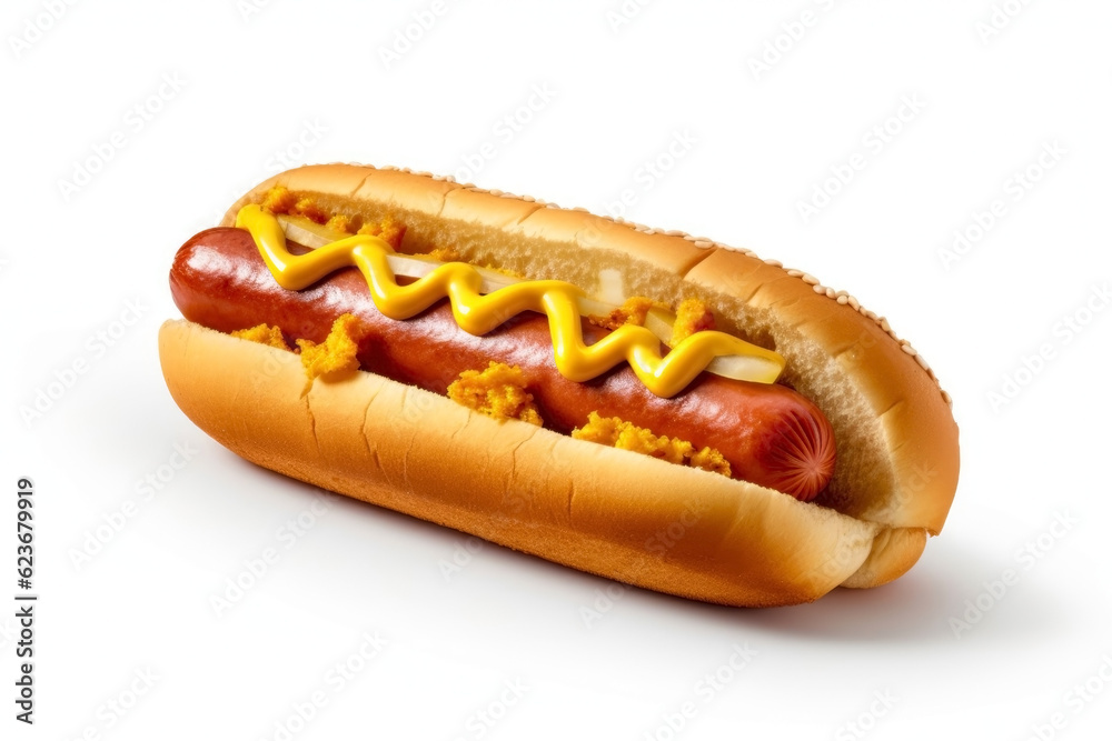 Hot dog with mustard and ketchup isolated on white background. Street food concept. Generative AI. Hot dog with mustard and ketchup isolated on white background. Street food concept. Generative AI.