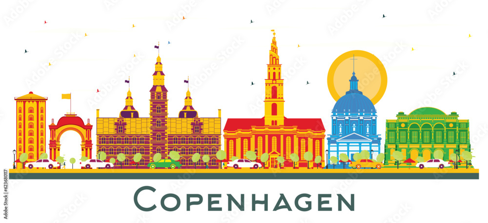 Copenhagen Denmark City Skyline with Color Buildings Isolated on White.