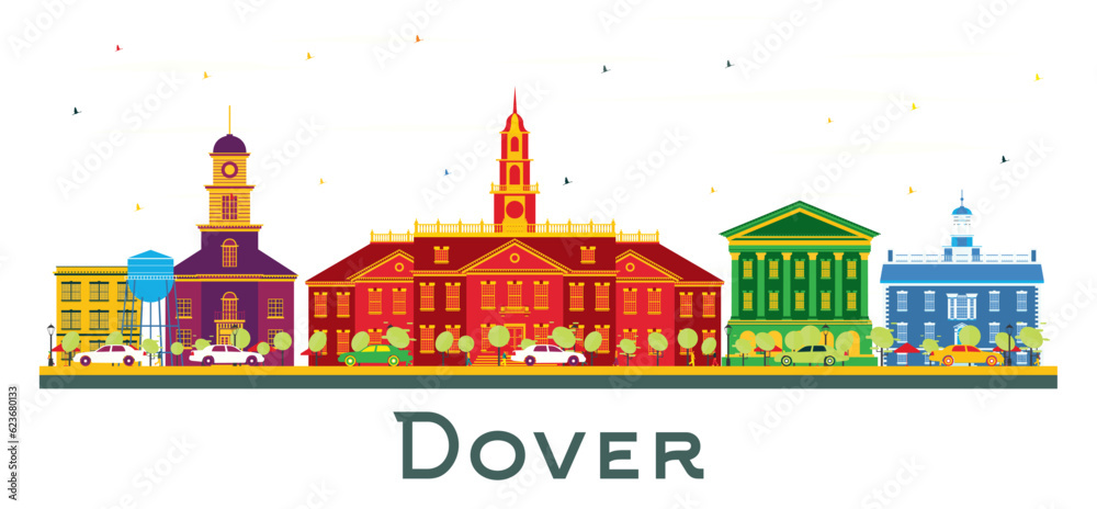 Dover Delaware City Skyline with Color Buildings and Blue Sky.