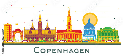 Photography Copenhagen Denmark City Skyline with Color Buildings Isolated on White
