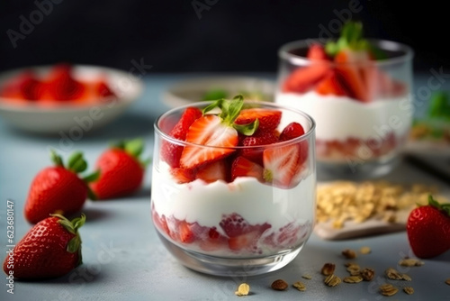 Strawberry dessert with Greek yogurt in a transparent glass. Healthy food concept. Generative AI.