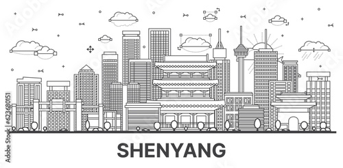 Outline Shenyang China City Skyline with Modern and Historic Buildings Isolated on White.