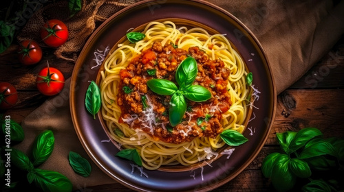 Spaghetti bolognese with parmesan cheese and basil. Top view. Generative AI.