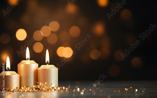 Romantic golden candles on table with glitter. Blurred sparkling bokeh background. Christmas lights. Copy space for holiday card