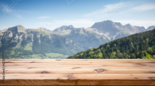 Wood table top on blur hill mountain a sunrise nature background, landscape with desk plank can be used for display your products. Generative Ai.