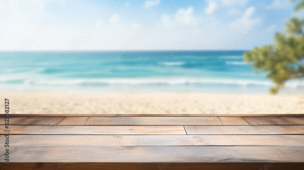 Wooden desk of free space for your decoration and summer landscape of beach. Generative Ai.