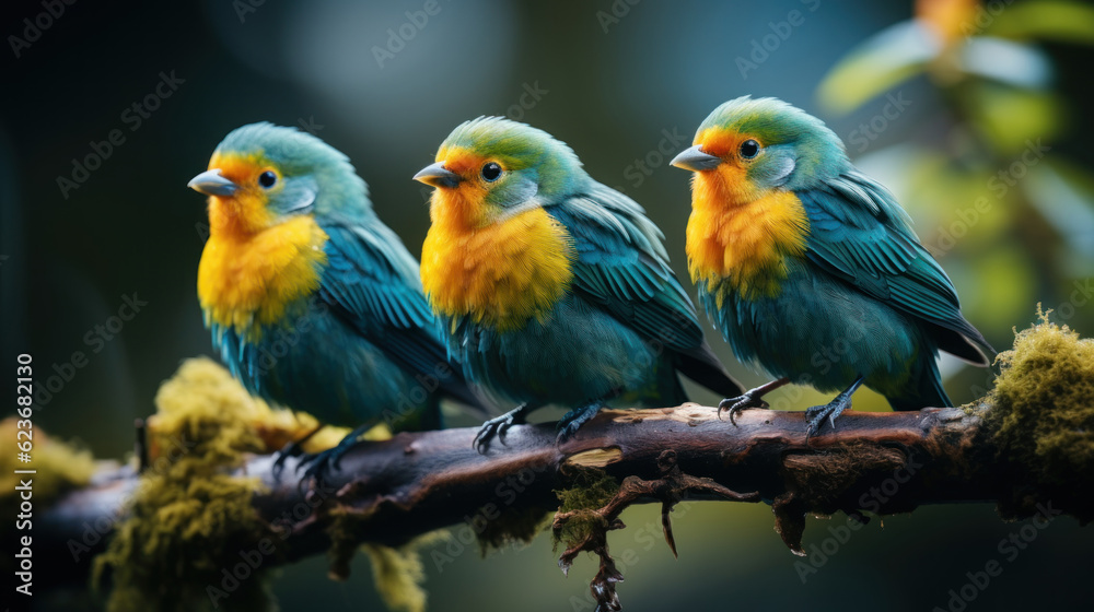 Close up of a group of colorful birds perched on a branch. Generative AI.