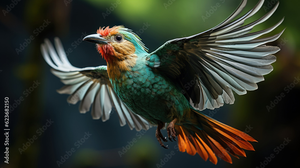 Colorful bird in flight with spread wings, close-up. Generative AI.