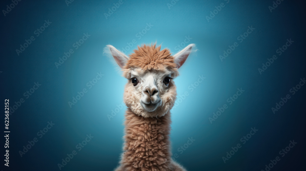 Fototapeta premium Portrait of cute llama on blue background. Funny animal. Generative AI.