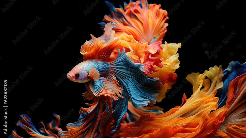Capture the moving moment of red-blue siamese fighting fish isolated on black background. Betta fish. Generative AI. - obrazy, fototapety, plakaty 