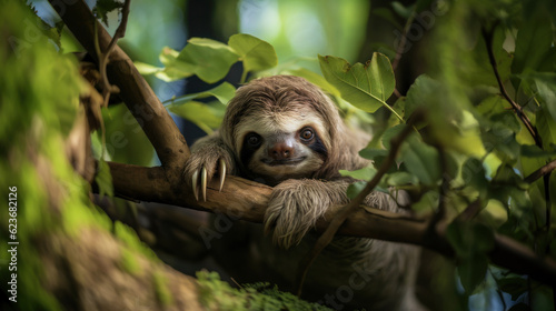 Baby sloth hanging on a tree branch in the rainforest. Generative AI. photo
