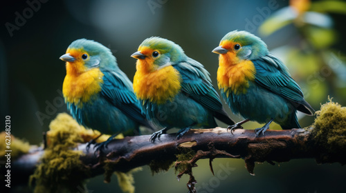 Close up of a group of colorful birds perched on a branch. Generative AI. © AS Photo Family