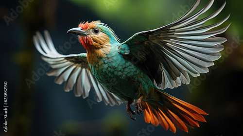 Colorful bird in flight with spread wings, close-up. Generative AI.