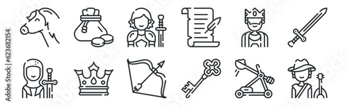 Photographie set of 12 thin outline icons such as bard, key, crown, king, knight, coin for we