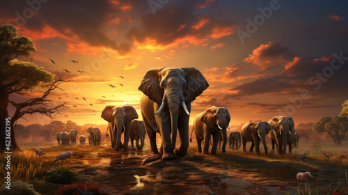 Elephants in the savannah at sunset. Generative AI.