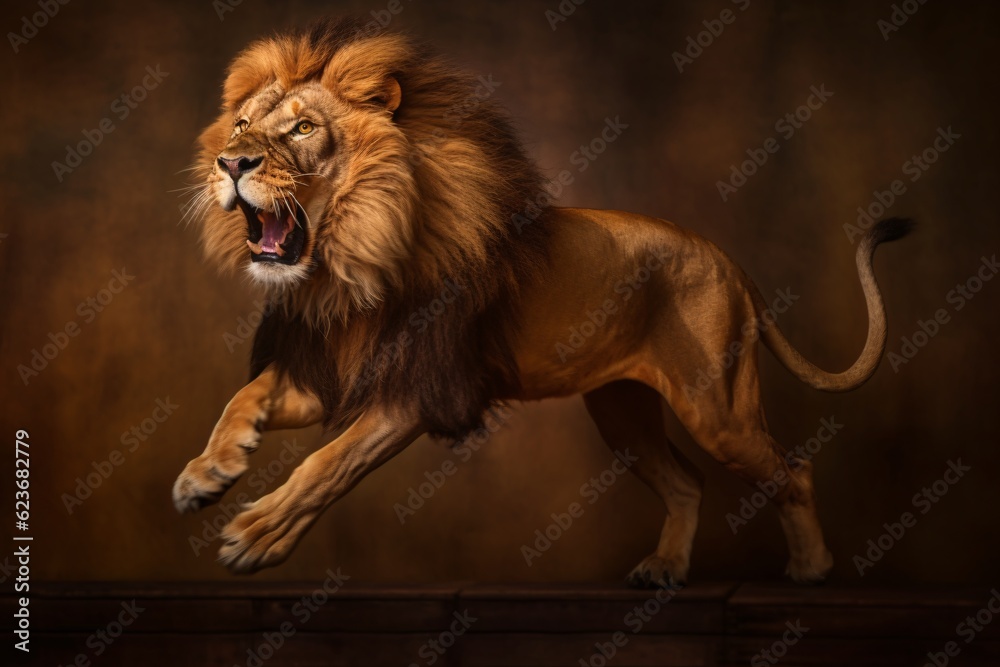 Obraz premium An angry lion with an open mouth. expression of anger. Portrait of a big male lion with open mouth on a dark background. Generative AI technology