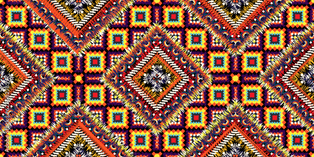 Seamless Kasuri pattern in triba,Gyp sy.Figure tribal embroidery.Indian,l.Aztec style abstract vector illustration.Ethnic stripe seamless pattern.textured ornament illustration,clothing and other. Seamless Kasuri pattern in triba,Gyp sy.Figure tribal embroidery.Indian,l.Aztec style abstract vector illustration.Ethnic stripe seamless pattern.textured ornament illustration,clothing and other.