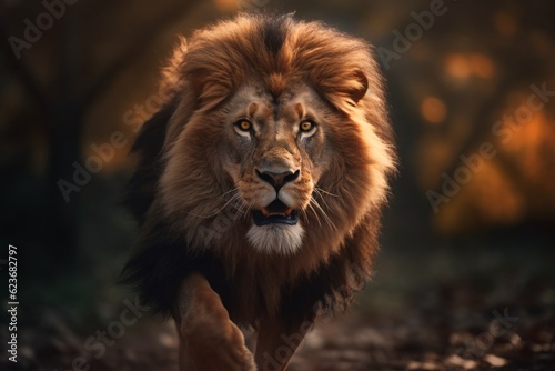 An angry lion with an open mouth. expression of anger. Portrait of a big male lion with open mouth on a dark background. Generative AI technology