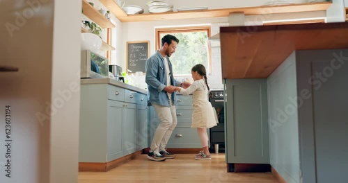 Wallpaper Mural Ballet, girl and father dance together in a kitchen with love and support for excited dancer and ballerina daughter. Tutu, dad and man dancing with child and bonding with kid in house or home Torontodigital.ca