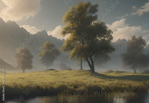 Beautiful scenery nature scenery hills, mountains, trees, forest, river, lake, field view,Generative AI