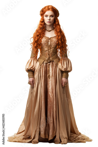 Redhead queen woman in periodical dressing dress isolated on transparent background (PNG)
