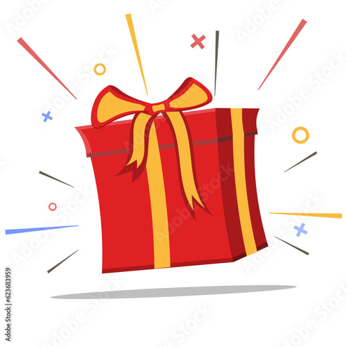 surprise red gift box, birthday celebration, special give away package, loyalty program reward, wonder gift with exclamation mark, vector icon, flat illustration.