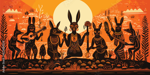 Linoprint illustration pagan coyotes and rabbits gathering ritual photo