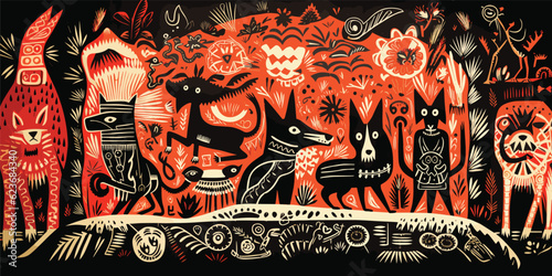 Linoprint illustration pagan coyotes and rabbits gathering ritual