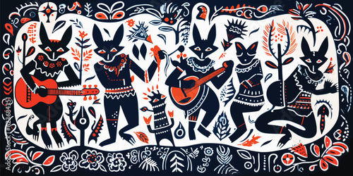 Linoprint illustration pagan coyotes and rabbits gathering ritual