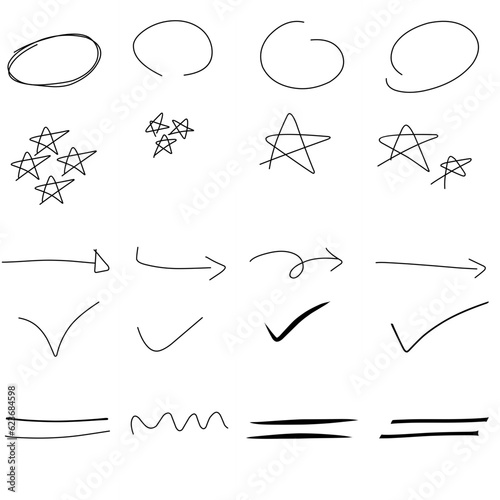 Vector illustration of black pencil, circle, check, underline, star shape, doodle drawing