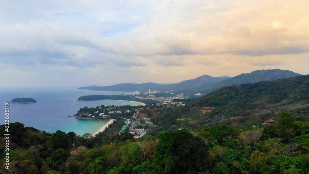 Aerial view from Karon View Point, Karon, Kata and Kata Noi beaches, turquoise water. Drone takeoff from the observation deck, beautiful nature, sea and mountains, amazing view, beautiful sky and Aerial view from Karon View Point, Karon, Kata and Kata Noi beaches, turquoise water. Drone takeoff from the observation deck, beautiful nature, sea and mountains, amazing view, beautiful sky and