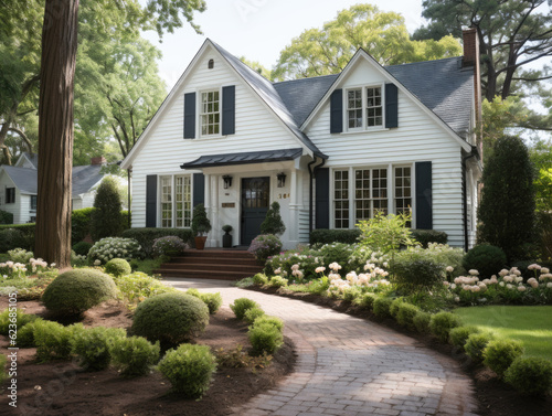 Black shutters and painted white trim on a colonial house exterior. Generative AI