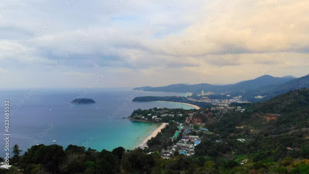 Top view of Karon, Kata, Kata Noi beaches, turquoise water, mountains, beautiful sky. Beautiful view of the mountains, shooting from a drone, islands, observation deck Phuket Thailand. High quality 4k Top view of Karon, Kata, Kata Noi beaches, turquoise water, mountains, beautiful sky. Beautiful view of the mountains, shooting from a drone, islands, observation deck Phuket Thailand. High quality 4k