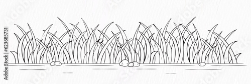 Grass with flower and stone line drawing clipart
