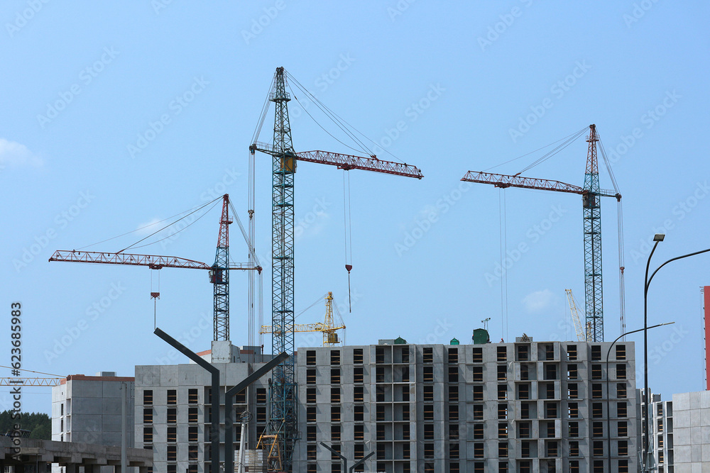 Cranes build houses. Industrial landscape.