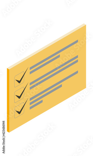 チェックリスト3_チェック済み（横型・アイソメ立ち・右向き・書類・文字無し・オレンジ・1枚）