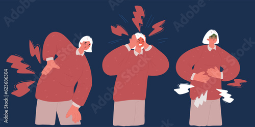 Vector illustration of Set of unhappy womens. suffering pain or ache in different body parts - chest, neck, leg, back, stomack. Healthcare, sickness, disease concept