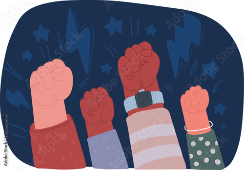 Cartoon vector illustration of Raised three fists. Revolution Fist Raised In The Air.