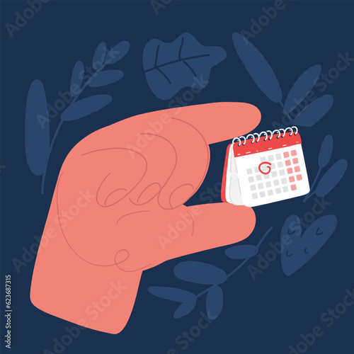 Cartoon vector illustration of Stock calendar in the hands of man. One hand man holding a calendar, the second hand points to the calendar.